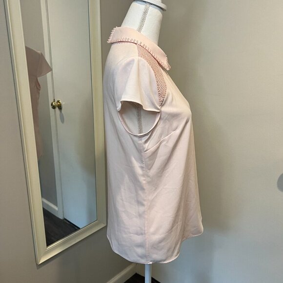 Catherine Malandrino Pink Pearl Beaded Collared Short Sleeve Blouse, Size Small - Picture 6 of 14